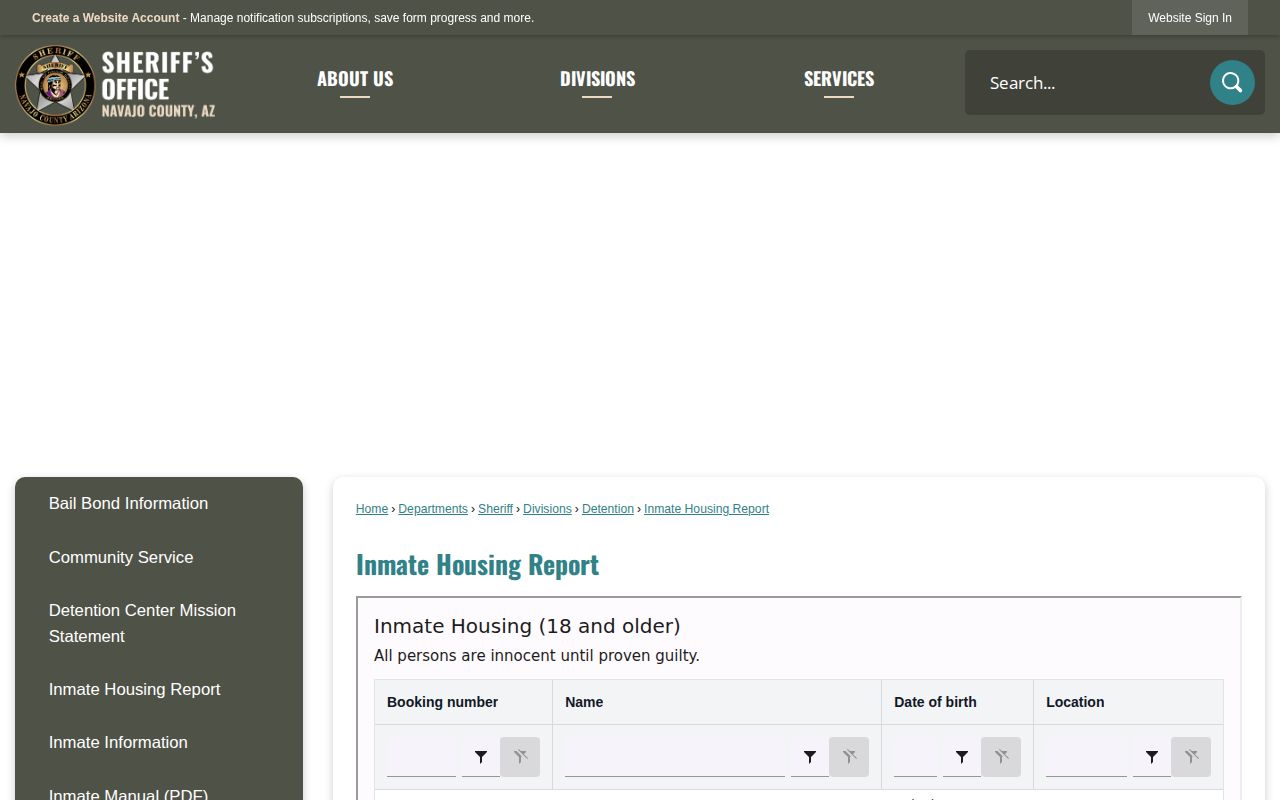 Navajo County current inmate housing report page for arrest custody lookup