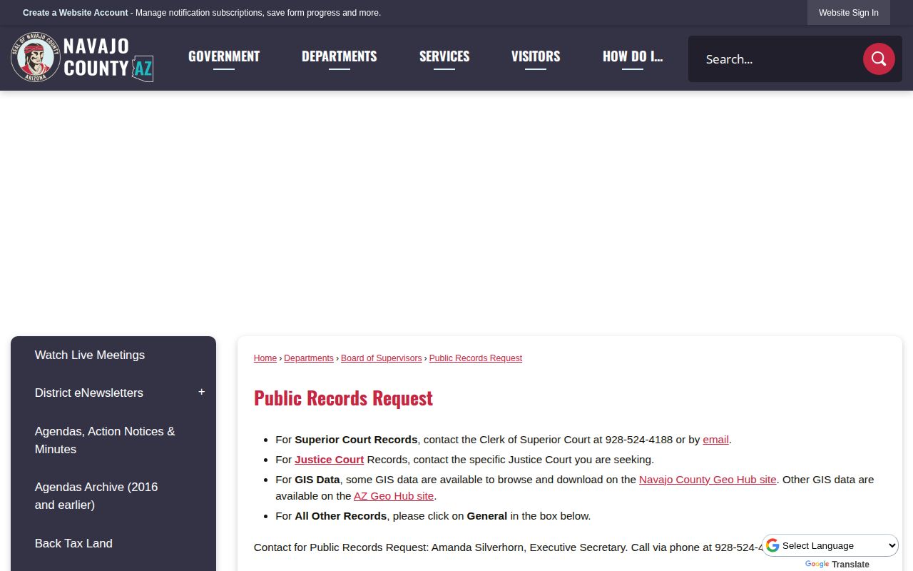 Navajo County public records request page for arrest and booking records