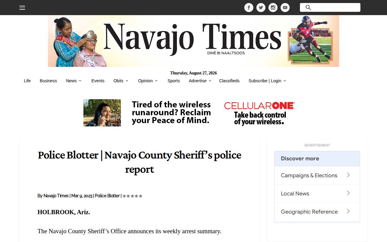 Navajo Times multi-day Navajo County arrest and sheriff report