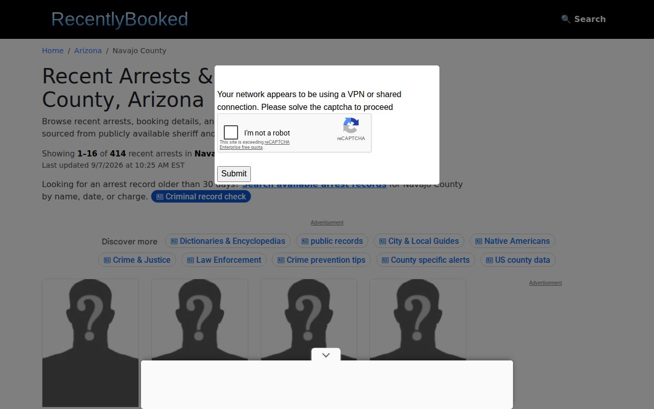 Unofficial RecentlyBooked Navajo County recent arrest landing page