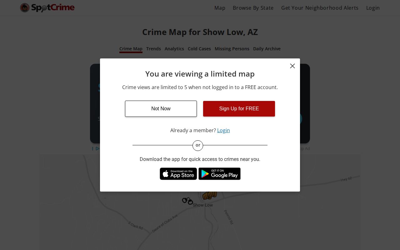 SpotCrime Show Low incident map interface