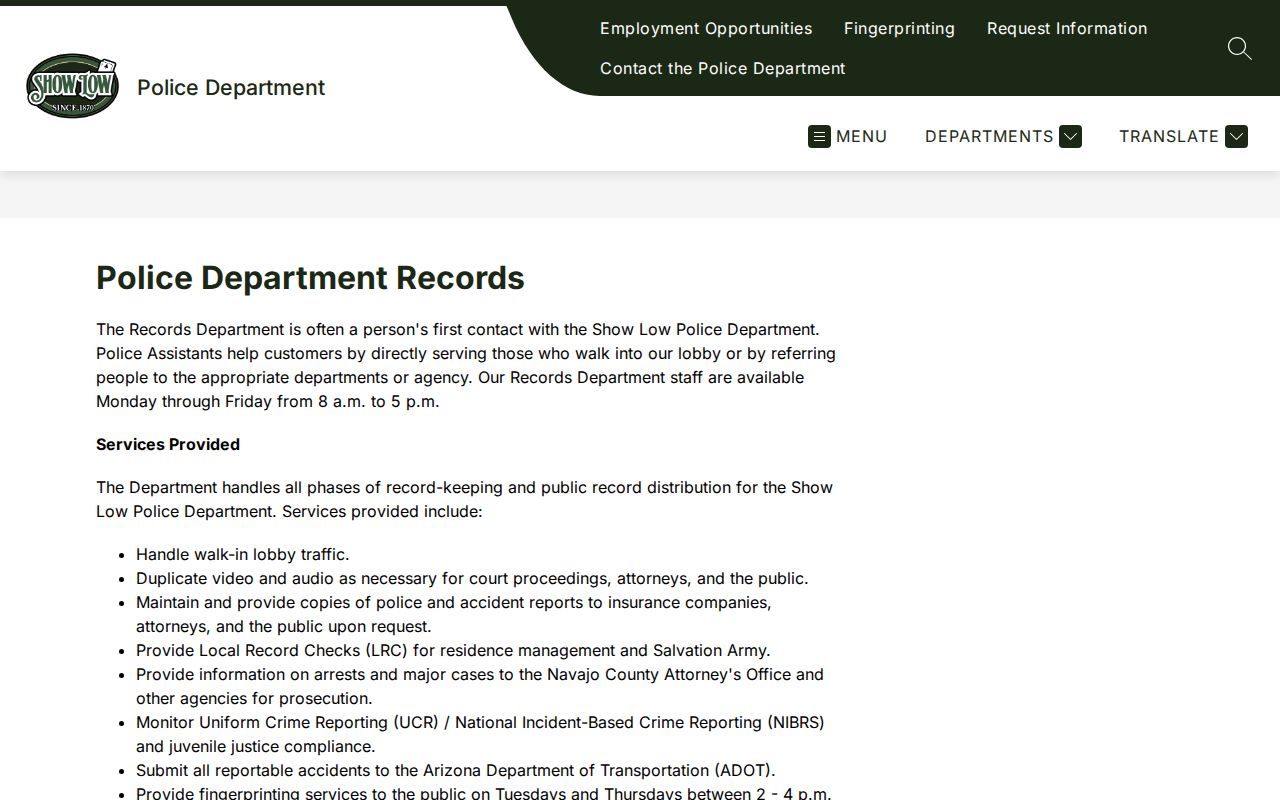 Show Low Police Records webpage with records service information