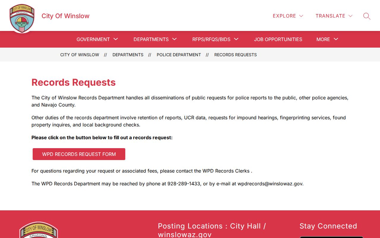 Winslow Police Department official records requests webpage